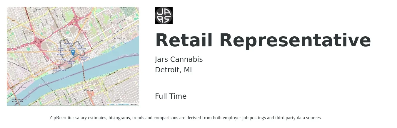 Jars Cannabis job posting for a Retail Representative in Detroit, MI with a salary of $14 to $18 Hourly with a map of Detroit location.