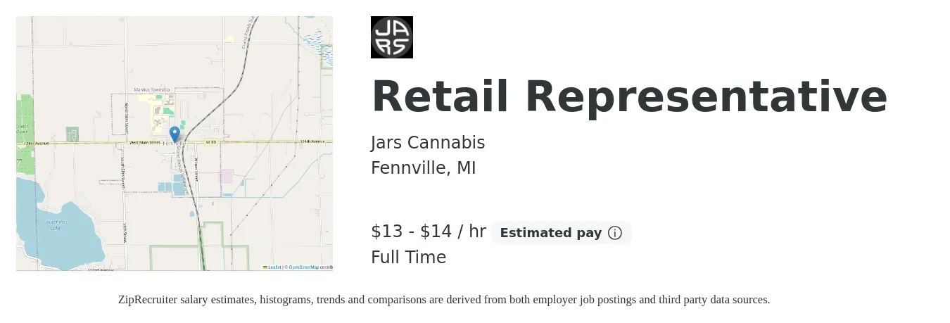 Jars Cannabis job posting for a Retail Representative in Fennville, MI with a salary of $14 to $15 Hourly with a map of Fennville location.