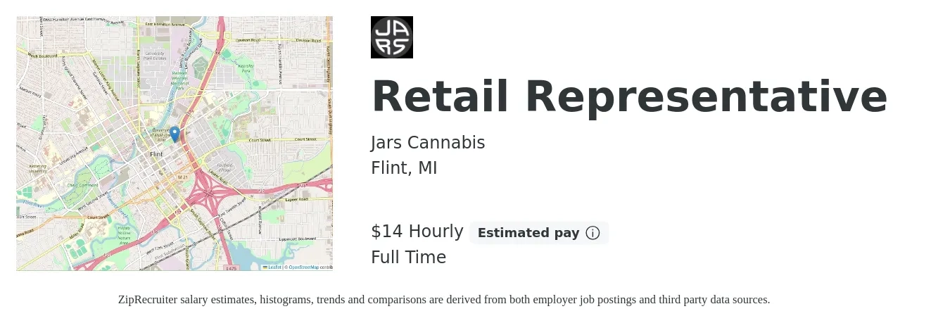 Jars Cannabis job posting for a Retail Representative in Flint, MI with a salary of $15 Hourly with a map of Flint location.