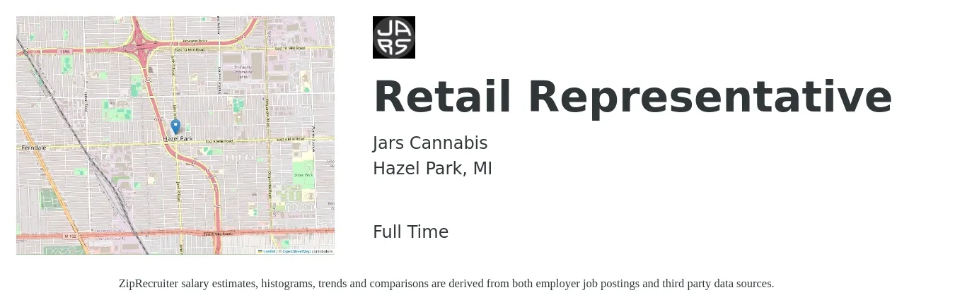 Jars Cannabis job posting for a Retail Representative in Hazel Park, MI with a salary of $14 to $18 Hourly with a map of Hazel Park location.