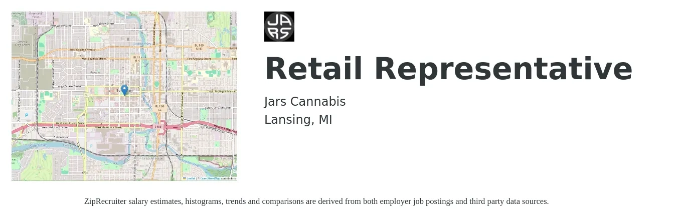 Jars Cannabis job posting for a Retail Representative in Lansing, MI with a salary of $14 to $18 Hourly with a map of Lansing location.