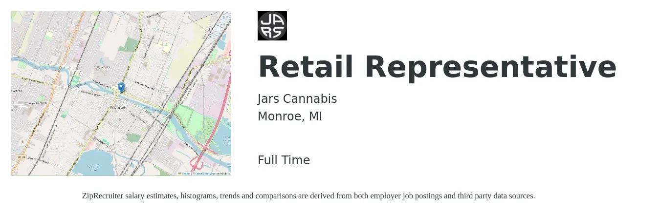 Jars Cannabis job posting for a Retail Representative in Monroe, MI with a salary of $14 to $18 Hourly with a map of Monroe location.