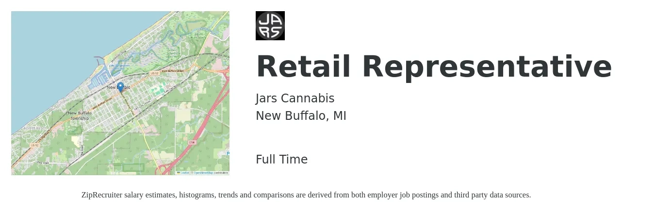 Jars Cannabis job posting for a Retail Representative in New Buffalo, MI with a salary of $15 to $19 Hourly with a map of New Buffalo location.