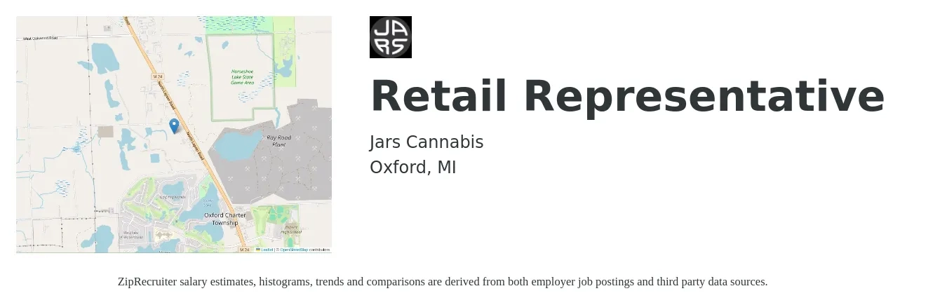 Jars Cannabis job posting for a Retail Representative in Oxford, MI with a salary of $14 to $18 Hourly with a map of Oxford location.