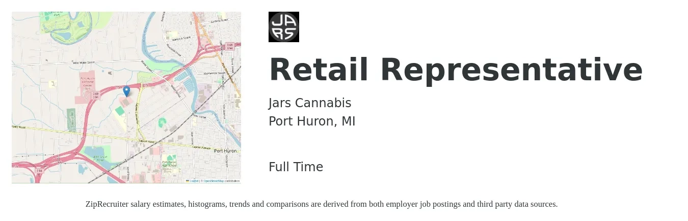 Jars Cannabis job posting for a Retail Representative in Port Huron, MI with a salary of $14 to $19 Hourly with a map of Port Huron location.