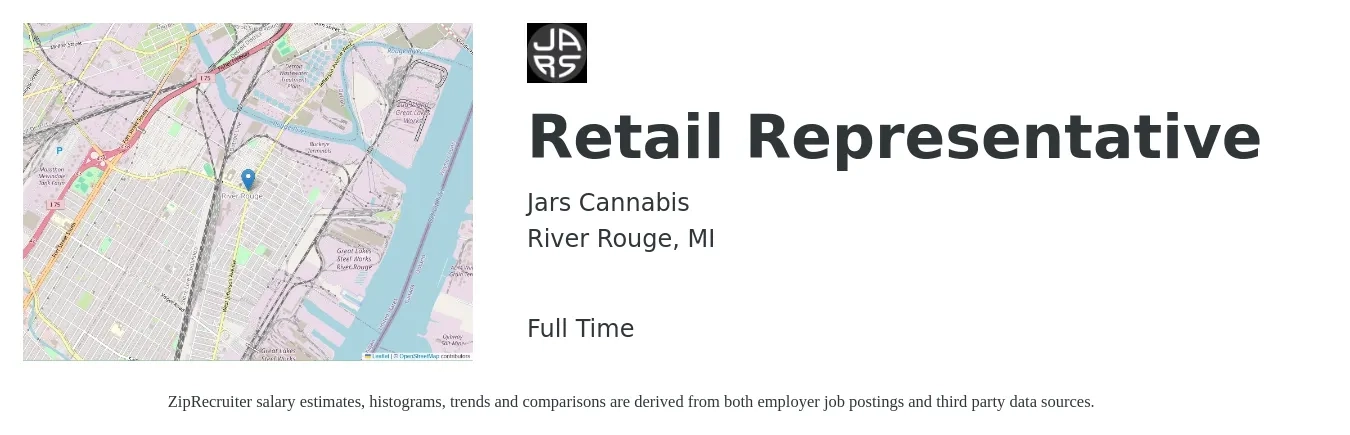 Jars Cannabis job posting for a Retail Representative in River Rouge, MI with a salary of $14 to $19 Hourly with a map of River Rouge location.