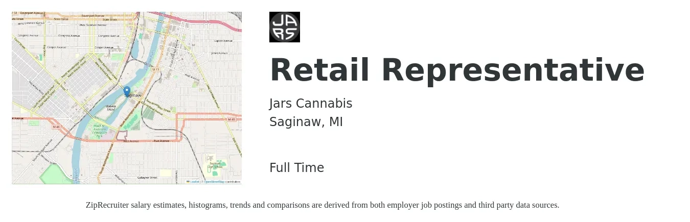 Jars Cannabis job posting for a Retail Representative in Saginaw, MI with a salary of $14 to $18 Hourly with a map of Saginaw location.