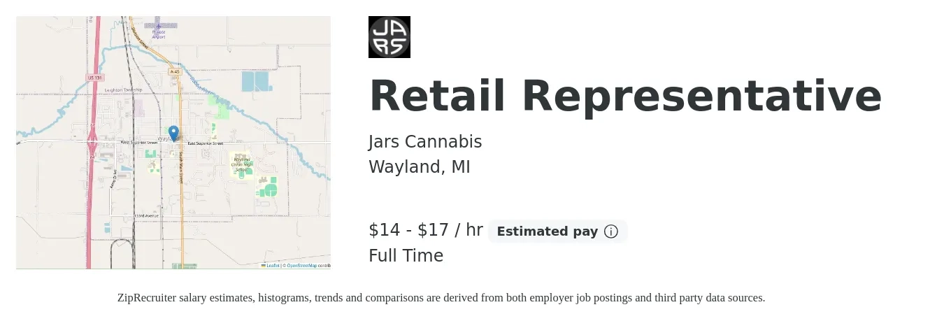 Jars Cannabis job posting for a Retail Representative in Wayland, MI with a salary of $15 to $18 Hourly with a map of Wayland location.