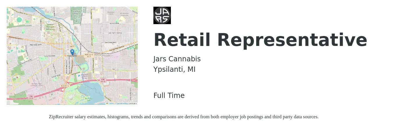 Jars Cannabis job posting for a Retail Representative in Ypsilanti, MI with a salary of $14 to $18 Hourly with a map of Ypsilanti location.