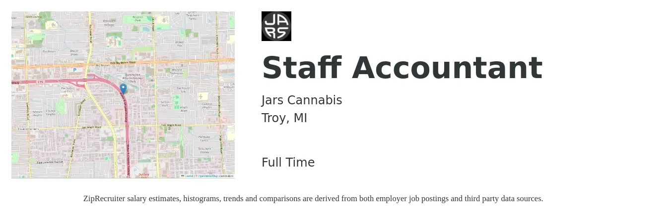 Jars Cannabis job posting for a Staff Accountant in Troy, MI with a salary of $52,100 to $68,700 Yearly with a map of Troy location.
