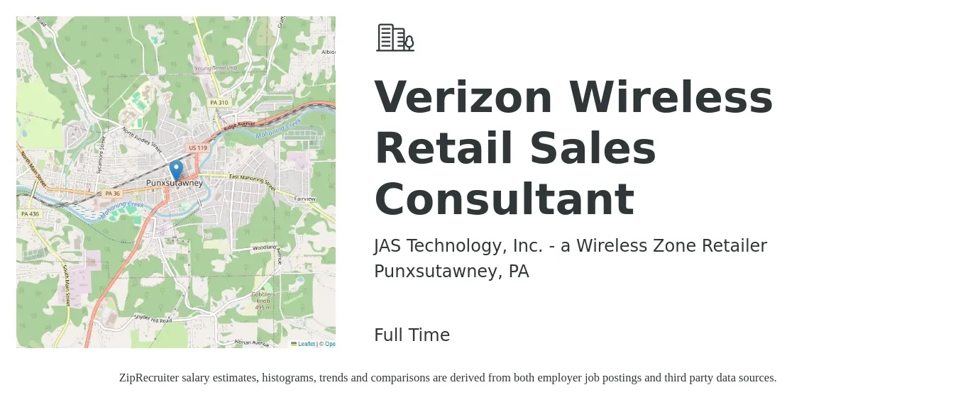 JAS Technology, Inc. - a Wireless Zone Retailer job posting for a Verizon Wireless Retail Sales Consultant in Punxsutawney, PA with a salary of $30,000 to $60,000 Yearly with a map of Punxsutawney location.