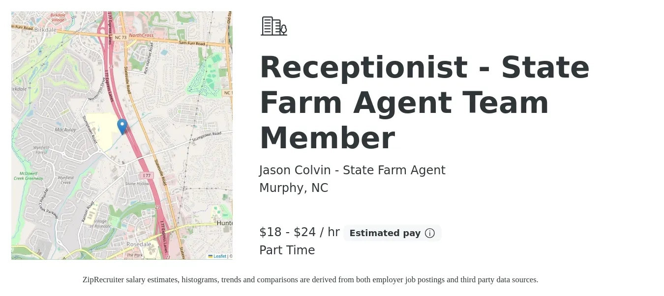 Jason Colvin - State Farm Agent job posting for a Receptionist - State Farm Agent Team Member in Murphy, NC with a salary of $19 to $25 Hourly with a map of Murphy location.
