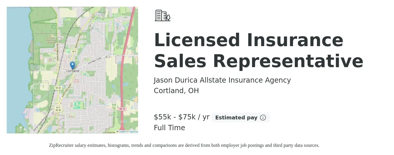 Jason Durica Allstate Insurance Agency job posting for a Licensed Insurance Sales Representative in Cortland, OH with a salary of $55,000 to $75,000 Yearly with a map of Cortland location.
