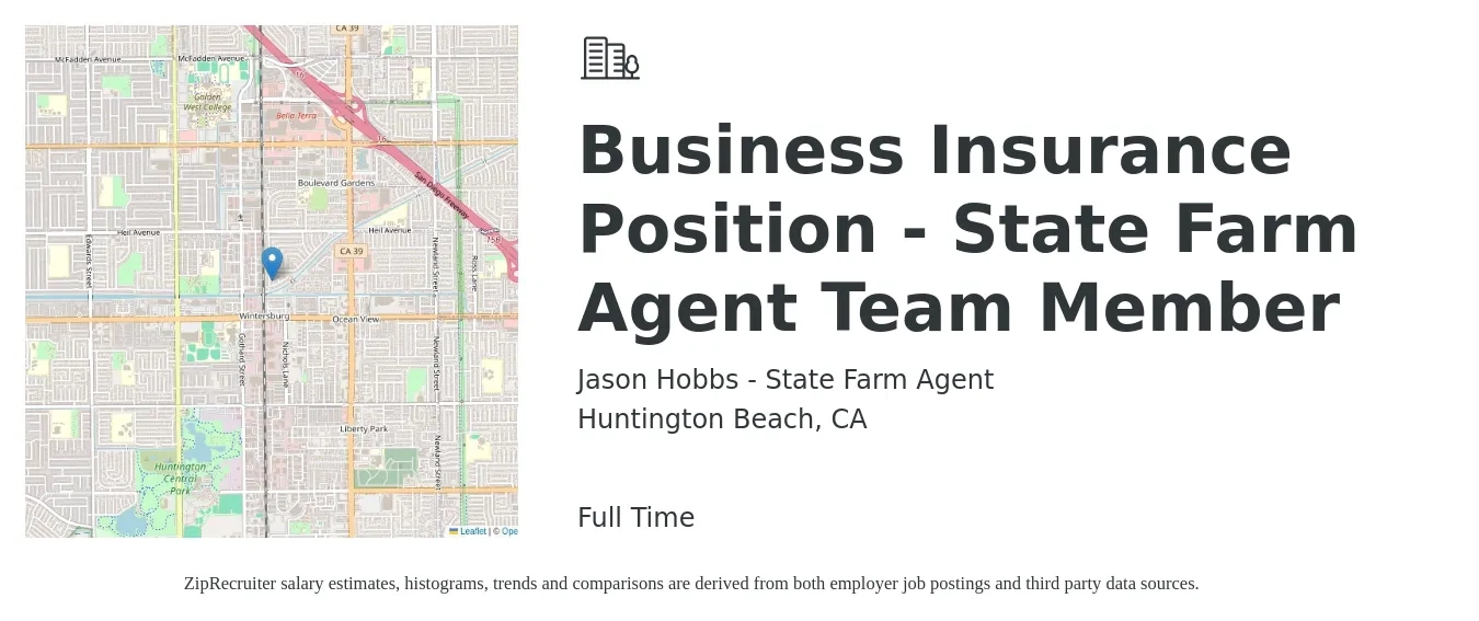 Jason Hobbs - State Farm Agent job posting for a Business Insurance Position - State Farm Agent Team Member in Huntington Beach, CA with a salary of $42,300 to $58,200 Yearly with a map of Huntington Beach location.