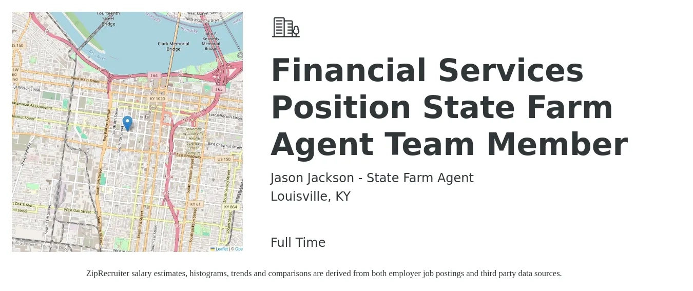 Jason Jackson - State Farm Agent job posting for a Financial Services Position State Farm Agent Team Member in Louisville, KY with a salary of $38,900 to $57,600 Yearly with a map of Louisville location.