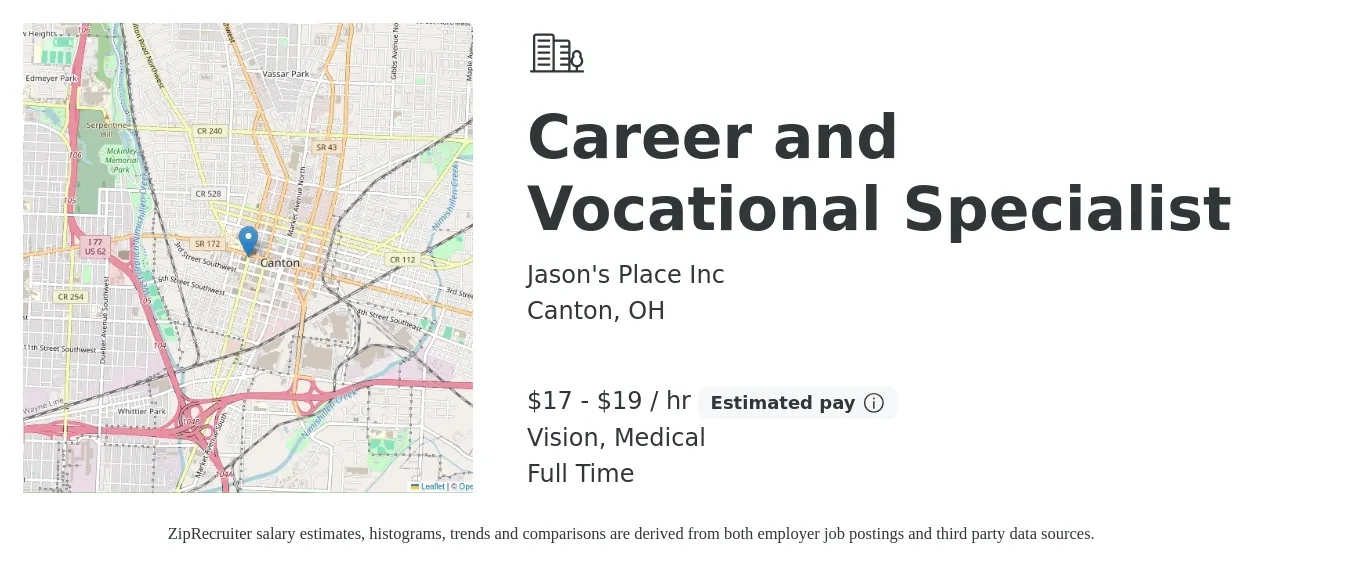 Jason's Place Inc job posting for a Career and Vocational Specialist in Canton, OH with a salary of $18 to $20 Hourly and benefits including pto, vision, and medical with a map of Canton location.
