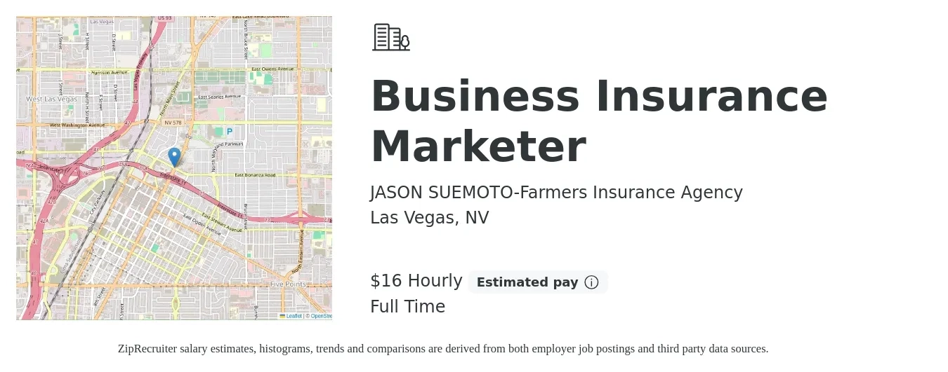 JASON SUEMOTO-Farmers Insurance Agency job posting for a Business Insurance Marketer in Las Vegas, NV with a salary of $17 Hourly with a map of Las Vegas location.