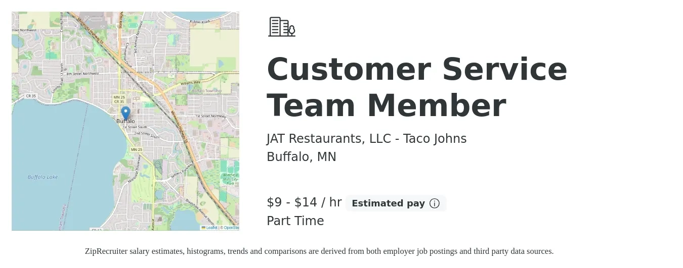 JAT Restaurants, LLC - Taco Johns job posting for a Customer Service Team Member in Buffalo, MN with a salary of $10 to $15 Hourly with a map of Buffalo location.