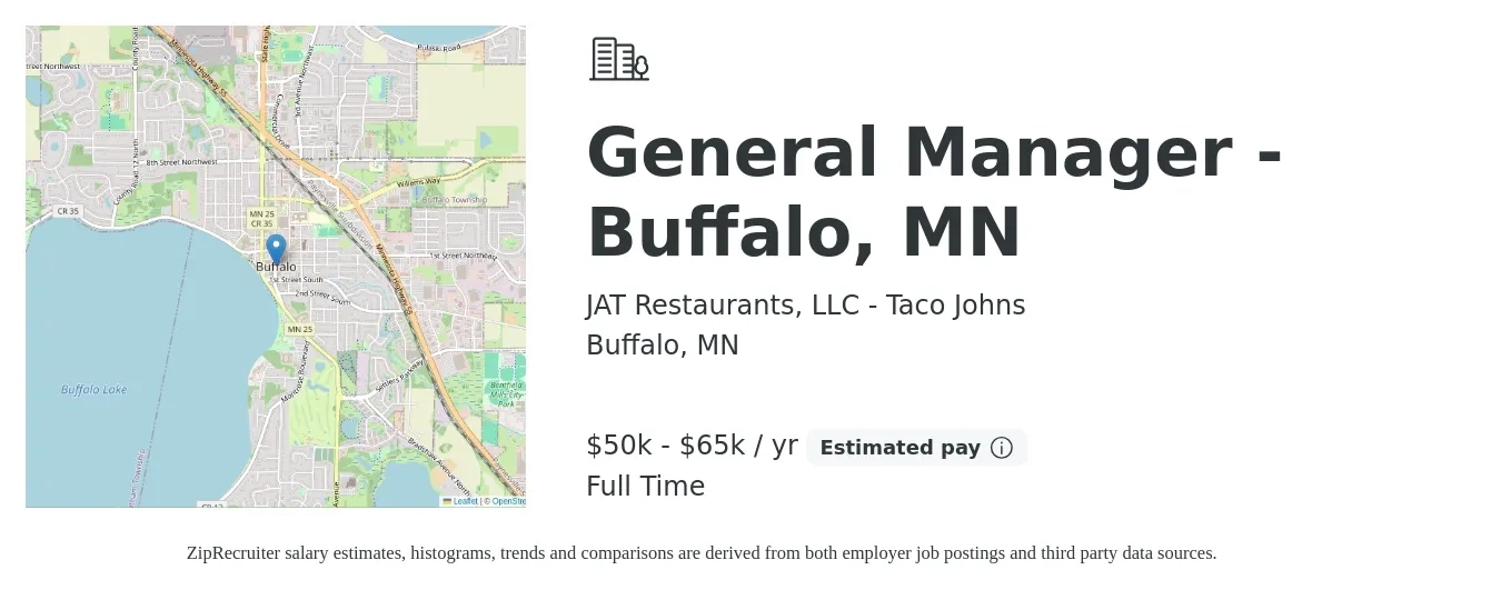 JAT Restaurants, LLC - Taco Johns job posting for a General Manager - Buffalo, MN in Buffalo, MN with a salary of $50,000 to $65,000 Yearly with a map of Buffalo location.