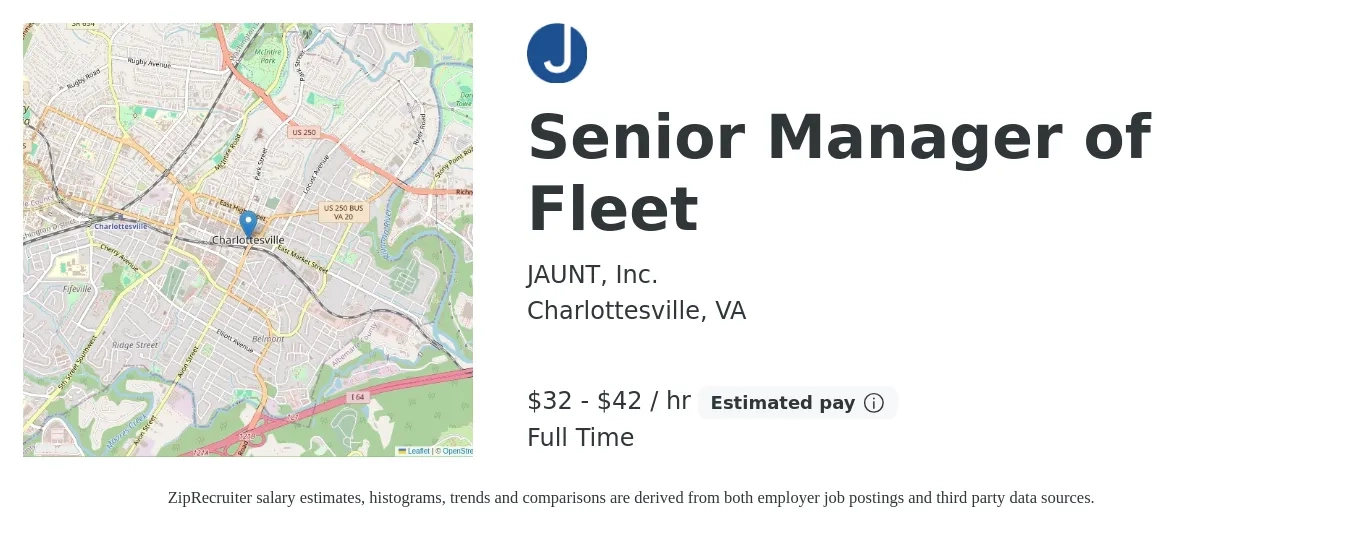 JAUNT, Inc. job posting for a Senior Manager of Fleet in Charlottesville, VA with a salary of $70,720 to $91,936 Yearly with a map of Charlottesville location.