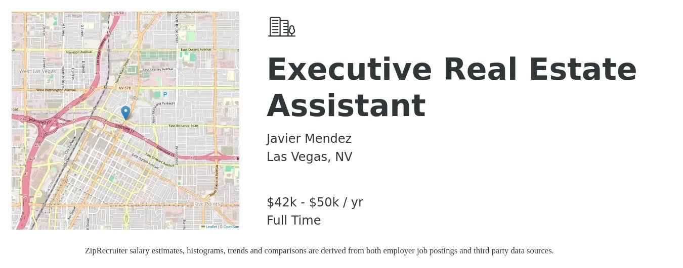 Javier Mendez job posting for a Executive Real Estate Assistant in Las Vegas, NV with a salary of $42,000 to $50,000 Yearly with a map of Las Vegas location.