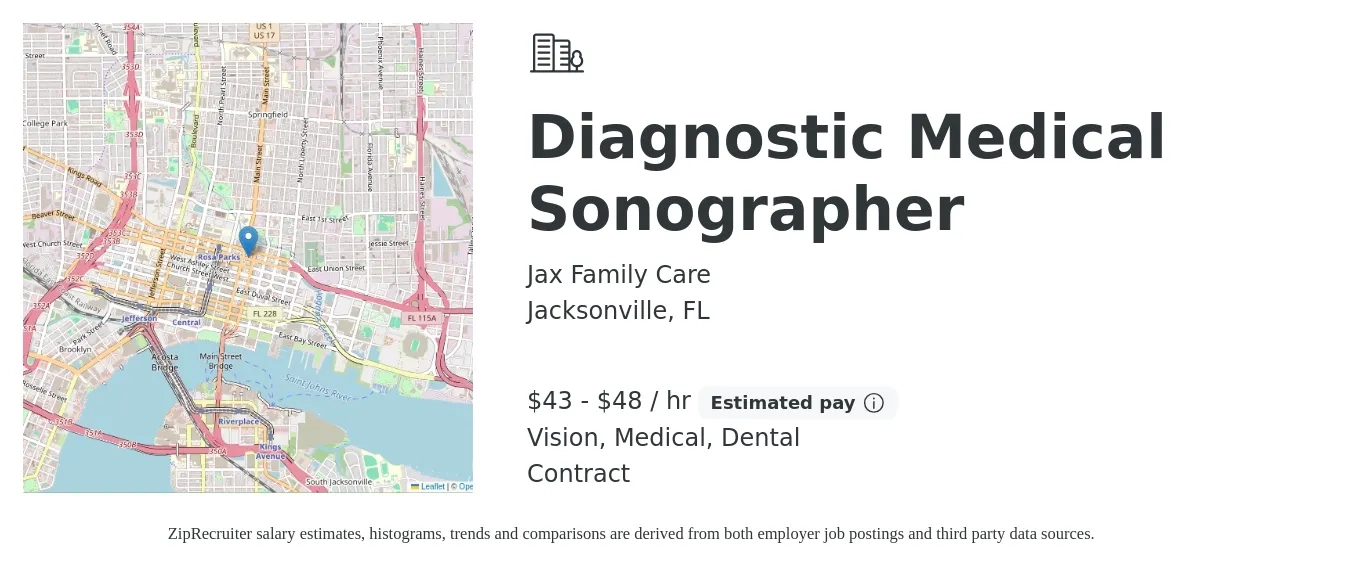 Jax Family Care job posting for a Diagnostic Medical Sonographer in Jacksonville, FL with a salary of $45 to $50 Hourly and benefits including medical, vision, and dental with a map of Jacksonville location.