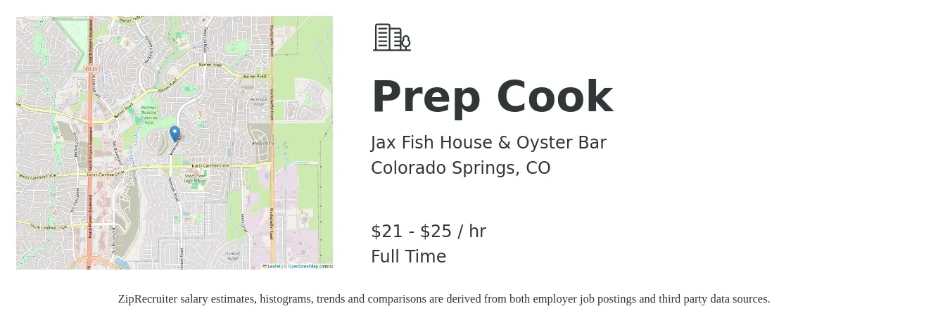 Jax Fish House & Oyster Bar job posting for a Prep Cook in Colorado Springs, CO with a salary of $22 to $26 Hourly with a map of Colorado Springs location.