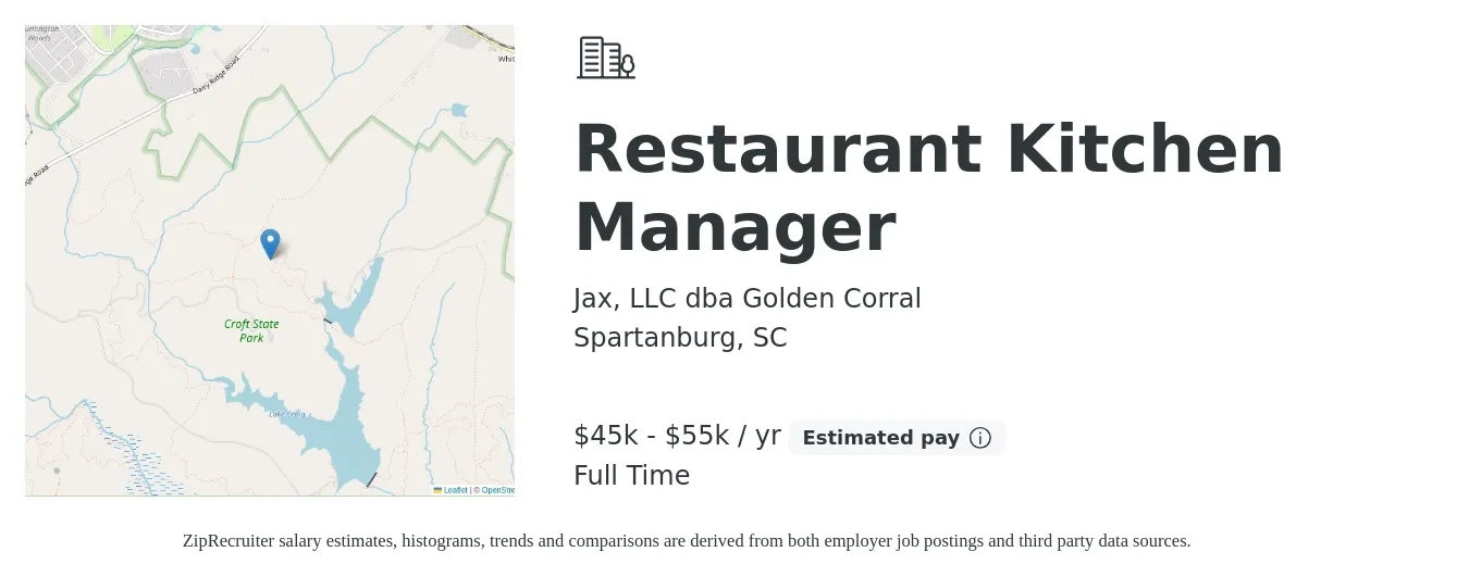 Jax, LLC dba Golden Corral job posting for a Restaurant Kitchen Manager in Spartanburg, SC with a salary of $45,000 to $55,000 Yearly with a map of Spartanburg location.