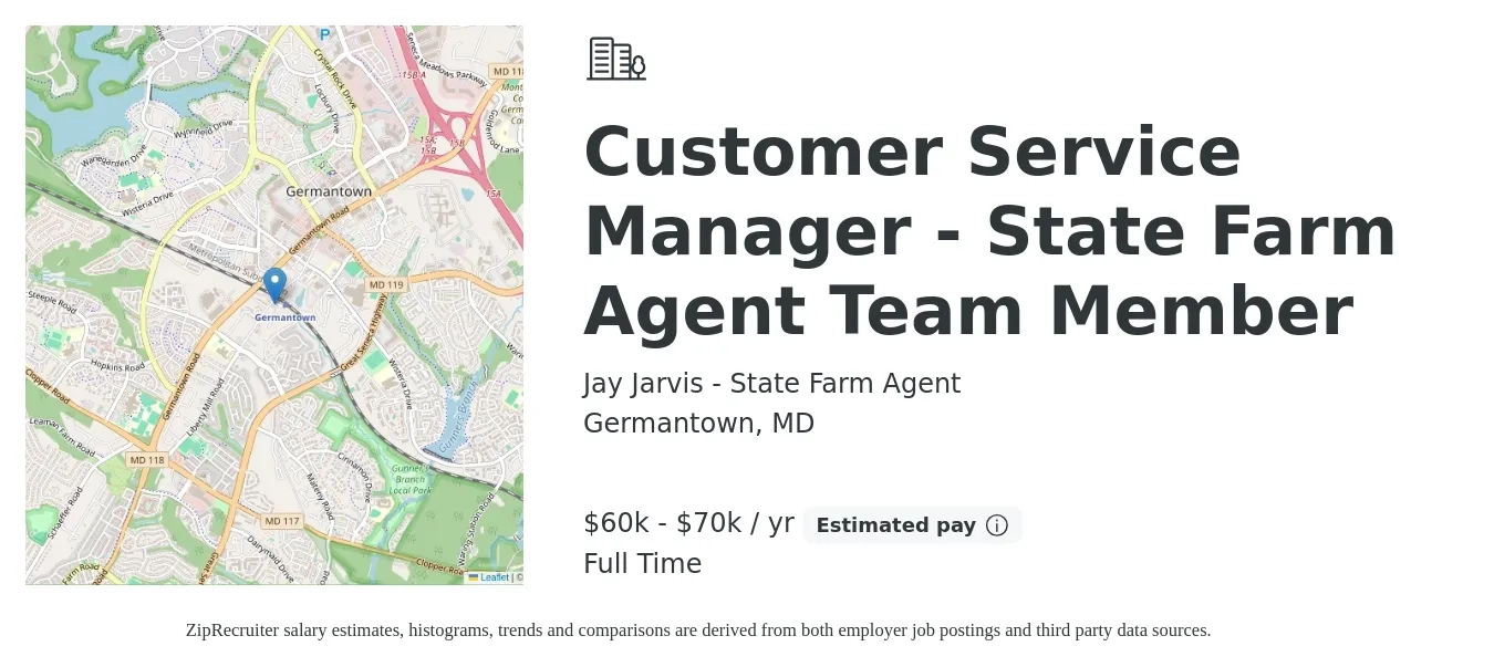 Jay Jarvis - State Farm Agent job posting for a Customer Service Manager - State Farm Agent Team Member in Germantown, MD with a salary of $60,000 to $70,000 Yearly with a map of Germantown location.