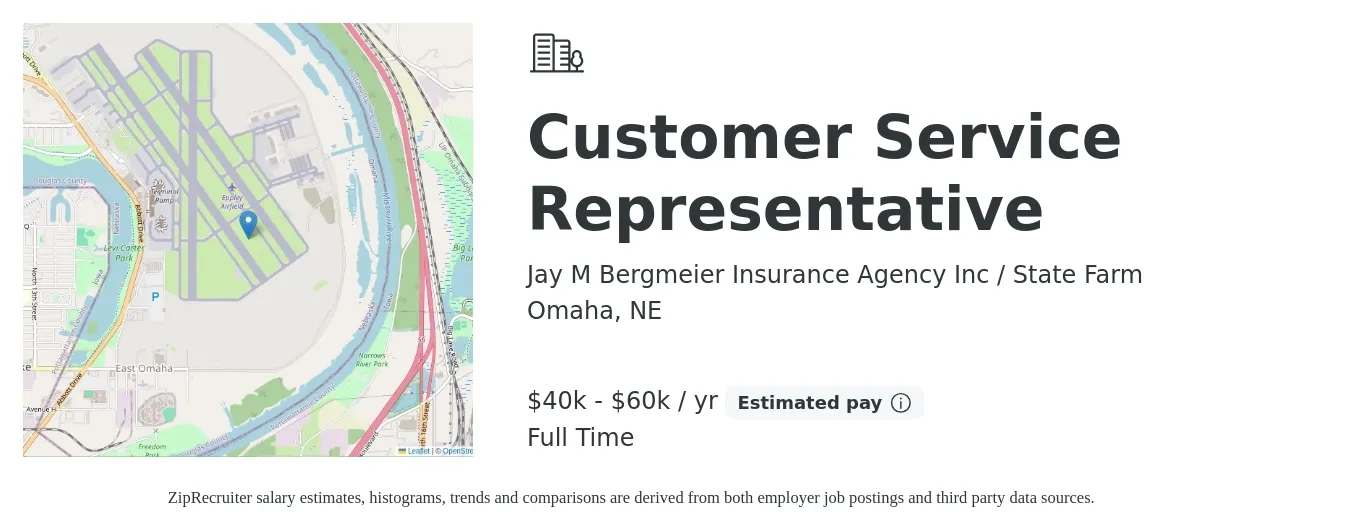 Jay M Bergmeier Insurance Agency Inc / State Farm job posting for a Customer Service Representative in Omaha, NE with a salary of $40,000 to $60,000 Yearly (plus commission) and benefits including retirement with a map of Omaha location.