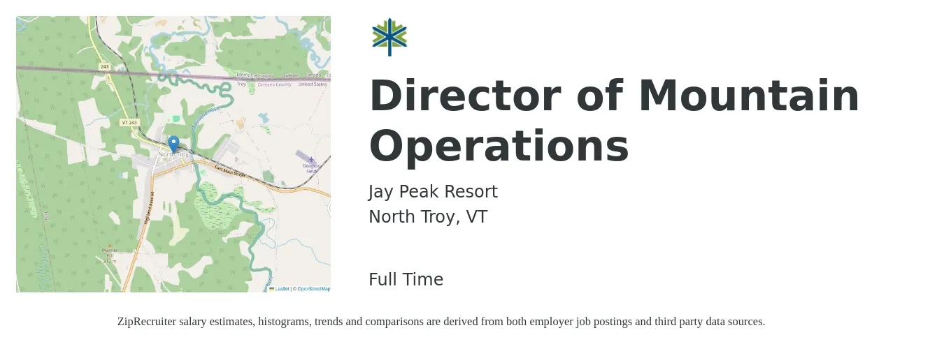 Jay Peak Resort job posting for a Director of Mountain Operations in North Troy, VT with a salary of $76,900 to $138,000 Yearly with a map of North Troy location.