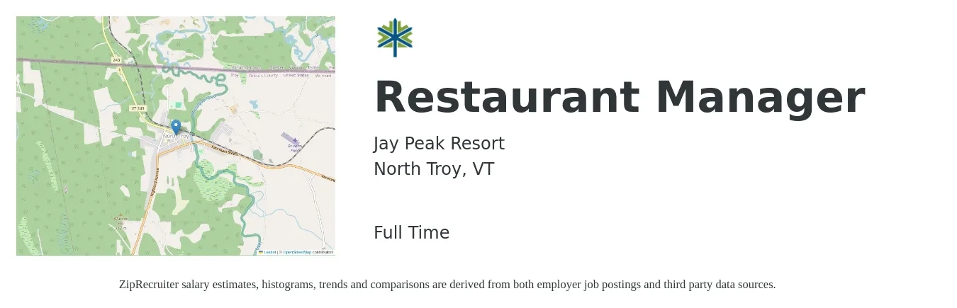 Jay Peak Resort job posting for a Restaurant Manager in North Troy, VT with a salary of $45,800 to $64,700 Yearly with a map of North Troy location.