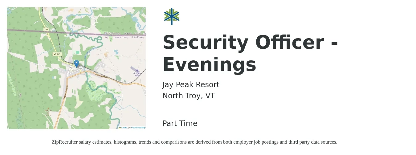 Jay Peak Resort job posting for a Security Officer - Evenings in North Troy, VT with a salary of $19 Hourly with a map of North Troy location.