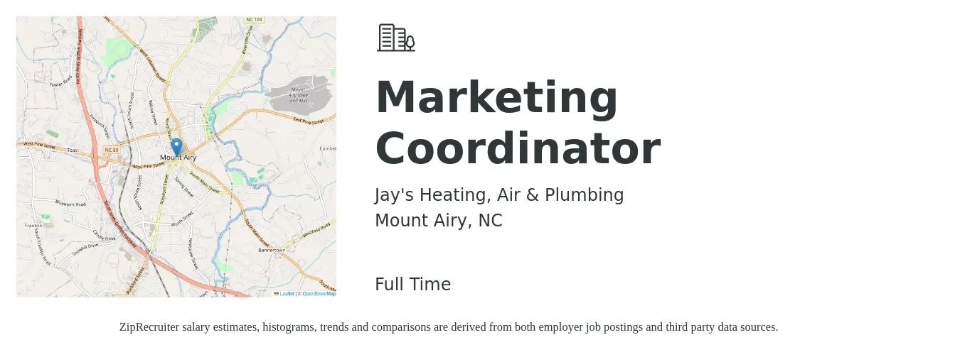 Jay's Heating, Air & Plumbing job posting for a Marketing Coordinator in Mount Airy, NC with a salary of $36,600 to $50,400 Yearly with a map of Mount Airy location.