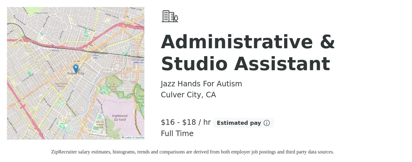 Jazz Hands For Autism job posting for a Administrative & Studio Assistant in Culver City, CA with a salary of $18 to $19 Hourly with a map of Culver City location.