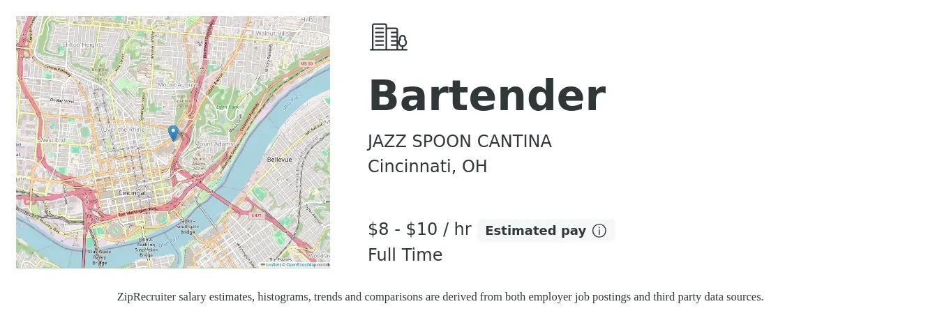 JAZZ SPOON CANTINA job posting for a Bartender in Cincinnati, OH with a salary of $9 to $10 Hourly (plus commission) with a map of Cincinnati location.