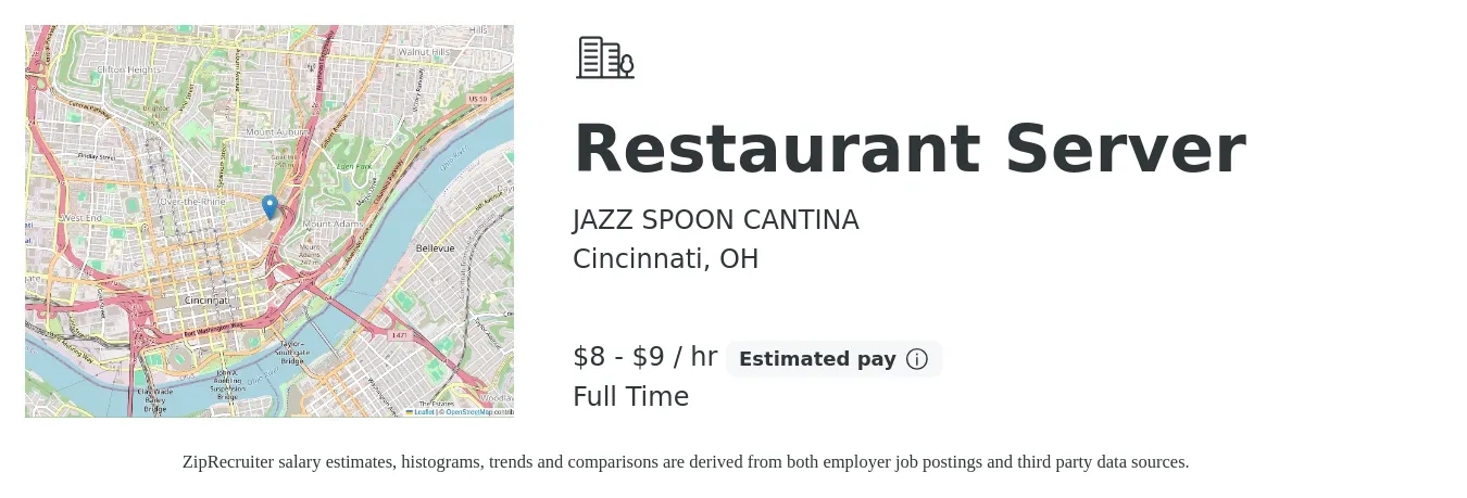 JAZZ SPOON CANTINA job posting for a Restaurant Server in Cincinnati, OH with a salary of $9 to $10 Hourly with a map of Cincinnati location.
