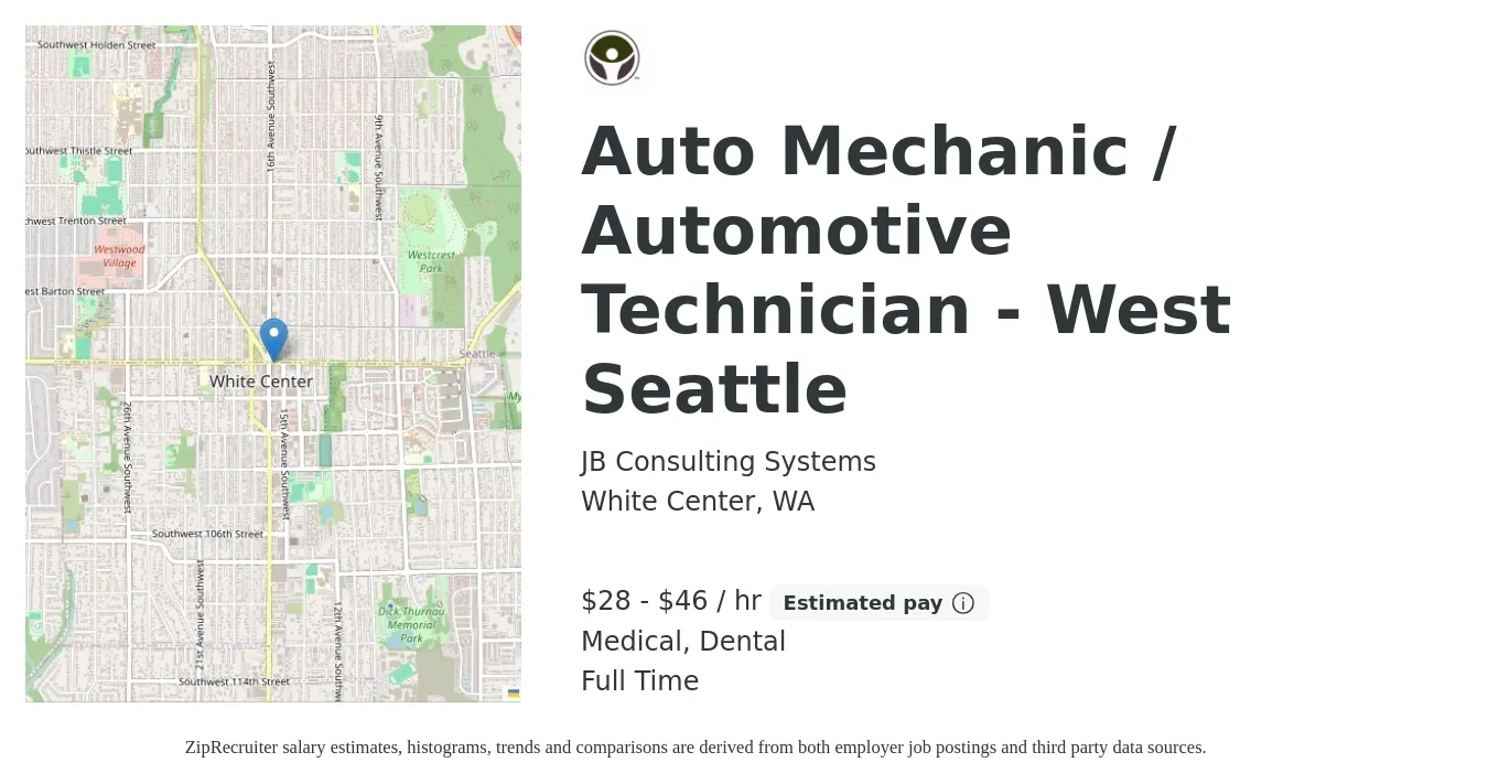 JB Consulting Systems job posting for a Auto Mechanic / Automotive Technician - West Seattle in Seattle, WA with a salary of $30 to $48 Hourly and benefits including dental, medical, and pto with a map of Seattle location.