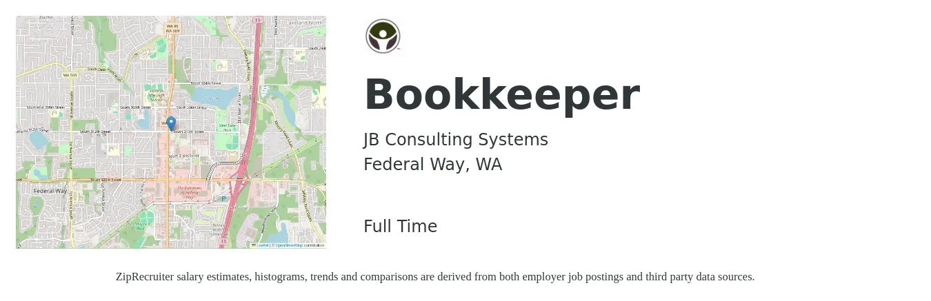 JB Consulting Systems job posting for a Bookkeeper in Federal Way, WA with a salary of $28 to $32 Hourly with a map of Federal Way location.