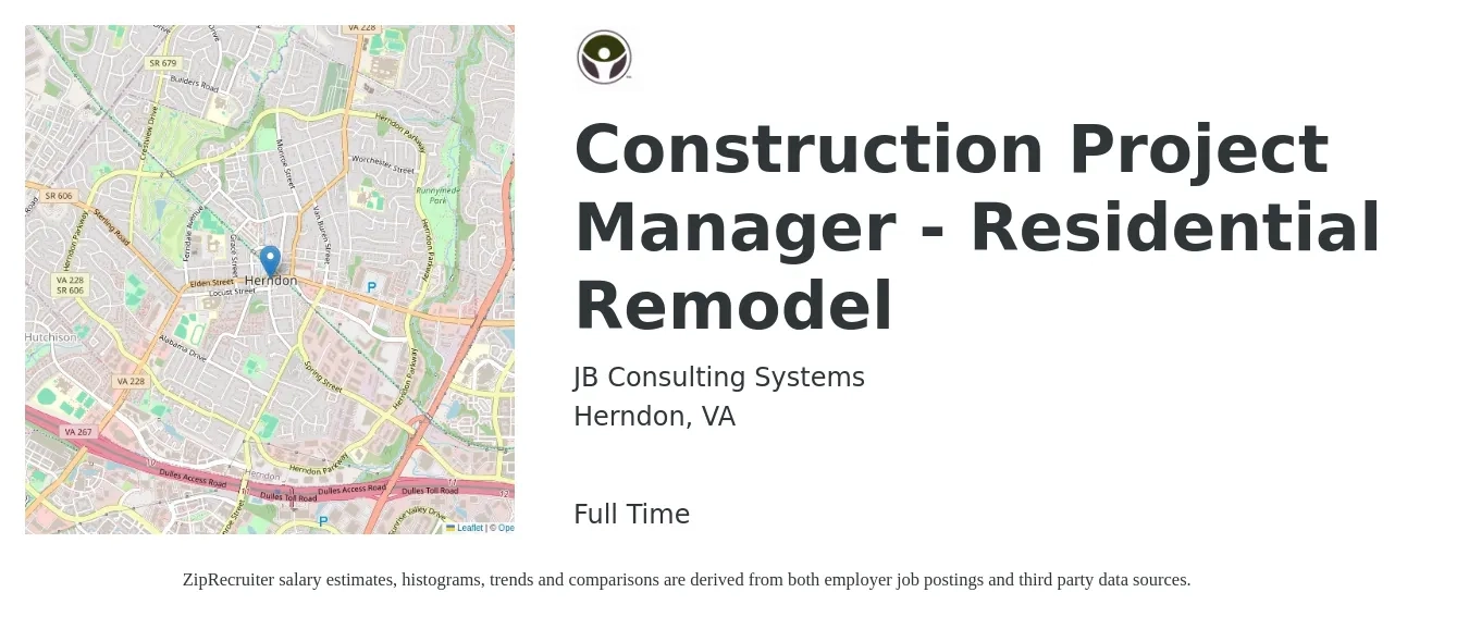 JB Consulting Systems job posting for a Construction Project Manager - Residential Remodel in Herndon, VA with a salary of $120,000 Yearly with a map of Herndon location.