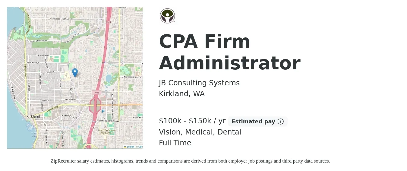 JB Consulting Systems job posting for a CPA Firm Administrator in Kirkland, WA with a salary of $100,000 to $150,000 Yearly and benefits including life_insurance, medical, retirement, vision, and dental with a map of Kirkland location.