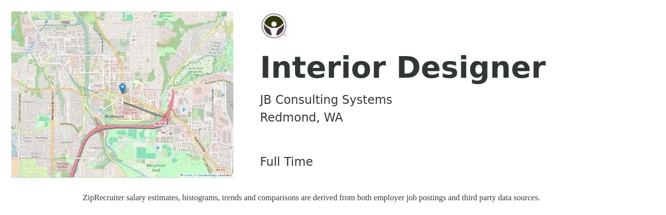 JB Consulting Systems job posting for a Interior Designer in Redmond, WA with a salary of $82 Hourly with a map of Redmond location.