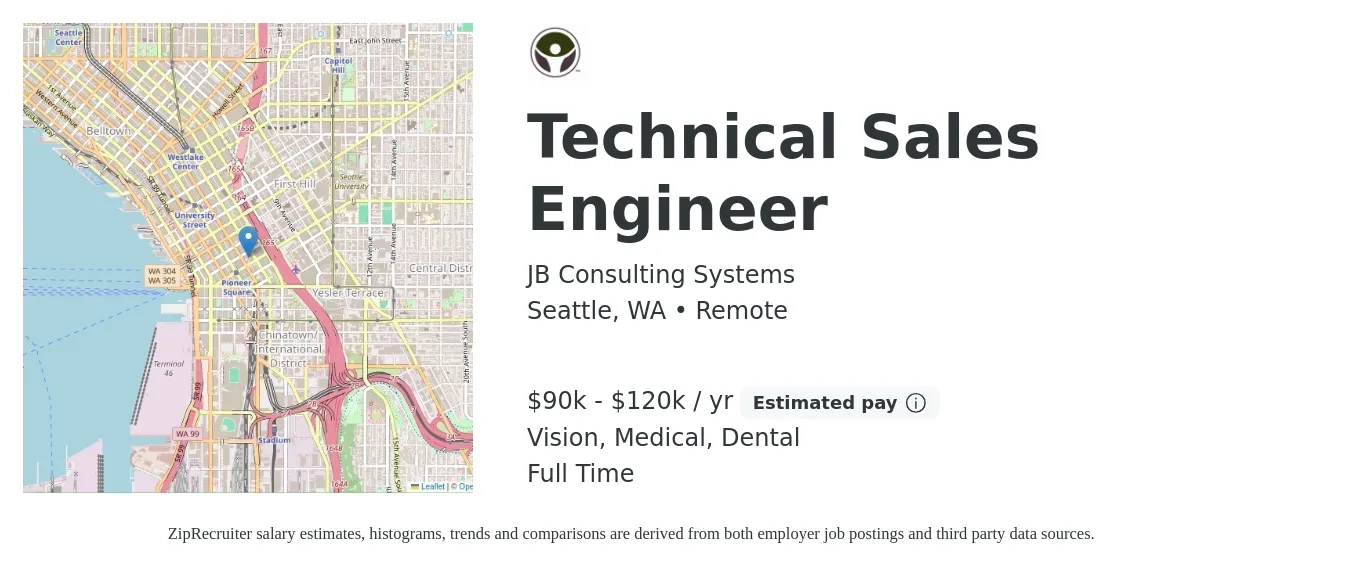 JB Consulting Systems job posting for a Technical Sales Engineer in Seattle, WA with a salary of $90,000 to $120,000 Yearly and benefits including vision, dental, and medical with a map of Seattle location.