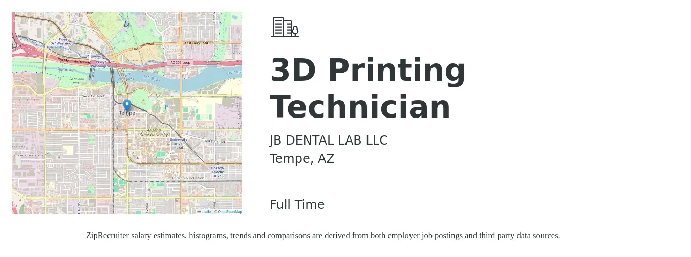 JB DENTAL LAB LLC job posting for a 3D Printing Technician in Tempe, AZ with a salary of $17 to $22 Hourly with a map of Tempe location.