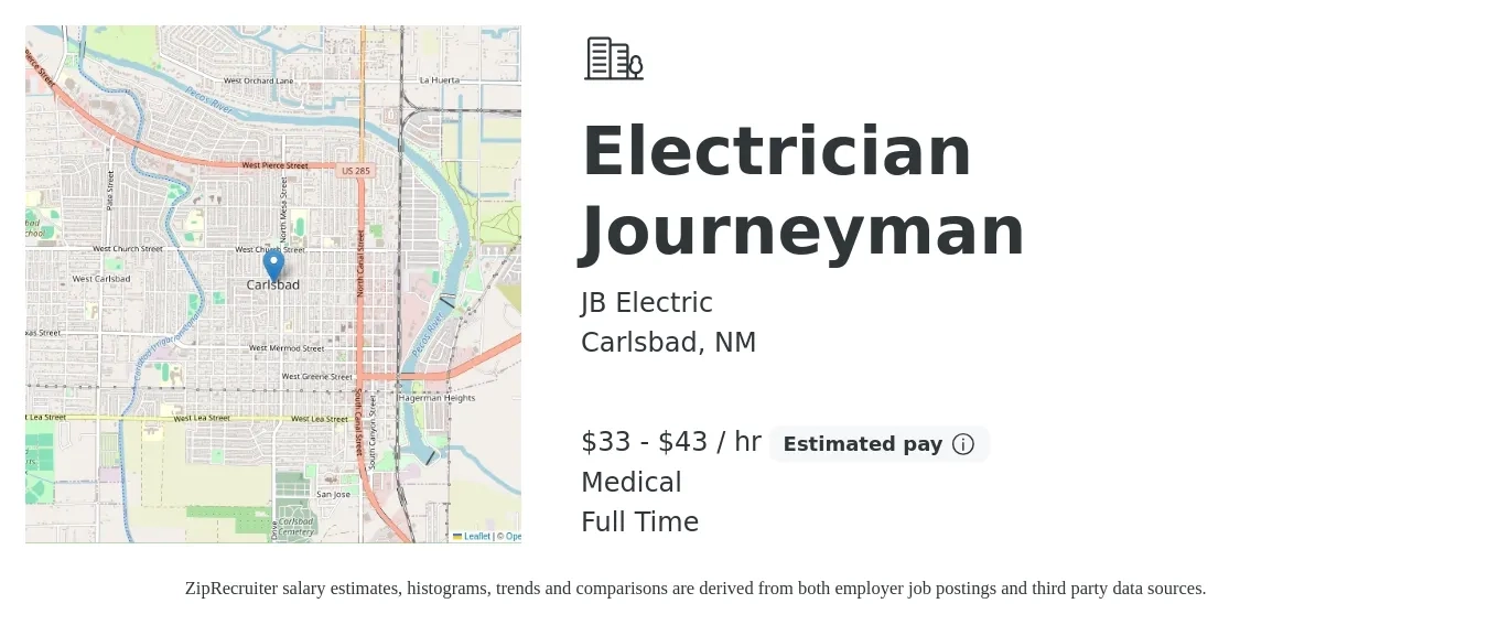 JB Electric job posting for a Electrician Journeyman in Carlsbad, NM with a salary of $35 to $45 Hourly and benefits including life_insurance, medical, and pto with a map of Carlsbad location.