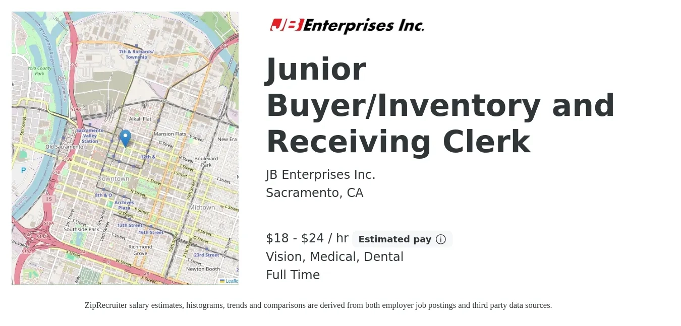 JB Enterprises Inc. job posting for a Junior Buyer/Inventory and Receiving Clerk in Sacramento, CA with a salary of $19 to $25 Hourly and benefits including retirement, vision, dental, life_insurance, and medical with a map of Sacramento location.