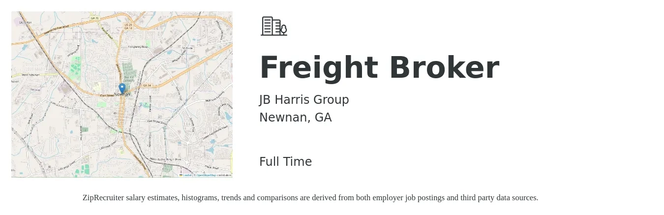 JB Harris Group job posting for a Freight Broker in Newnan, GA with a salary of $45,000 to $65,000 Yearly with a map of Newnan location.