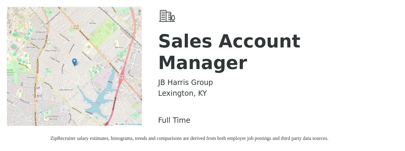 JB Harris Group job posting for a Sales Account Manager in Lexington, KY with a salary of $70 Hourly with a map of Lexington location.