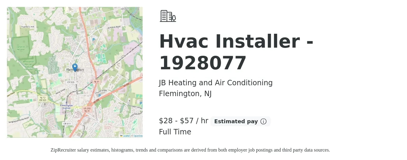 JB Heating and Air Conditioning job posting for a Hvac Installer - 1928077 in Flemington, NJ with a salary of $30 to $60 Hourly with a map of Flemington location.