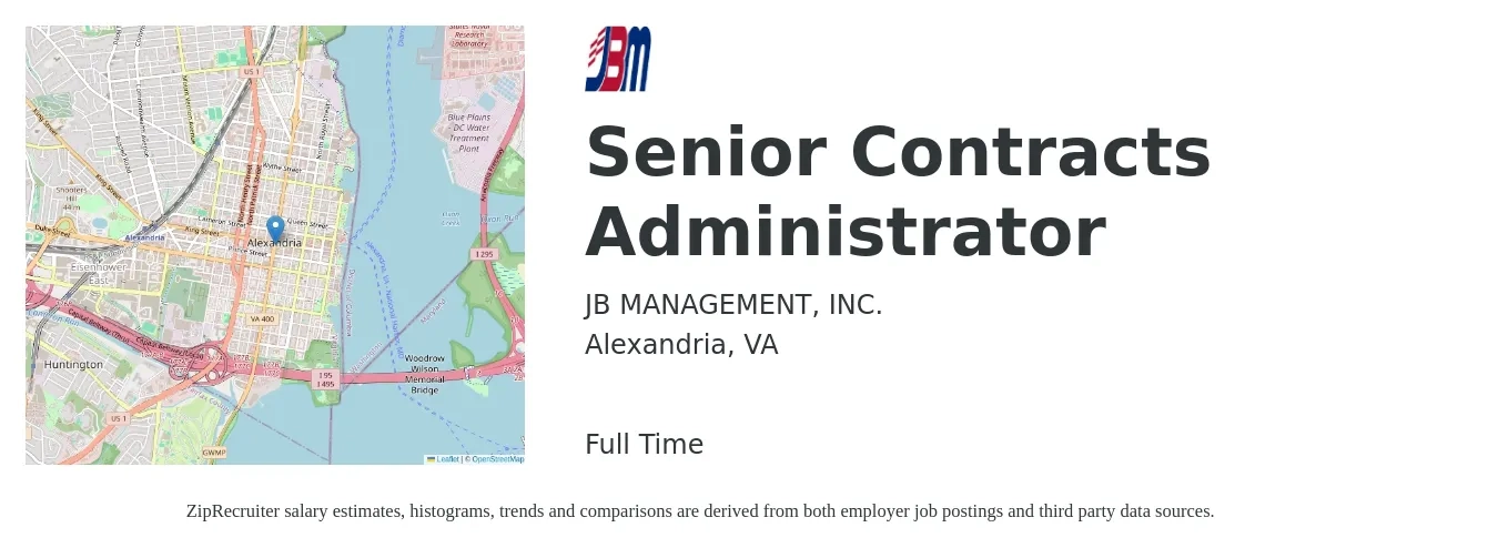 JB MANAGEMENT, INC. job posting for a Senior Contracts Administrator in Alexandria, VA with a salary of $81,900 to $115,100 Yearly with a map of Alexandria location.